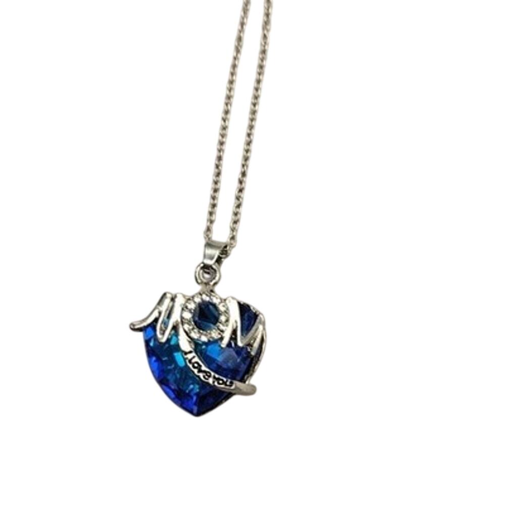 Necklace Blue Heart MOM Pendant Crystal Rhinestone Silver Tone 20 In Womens